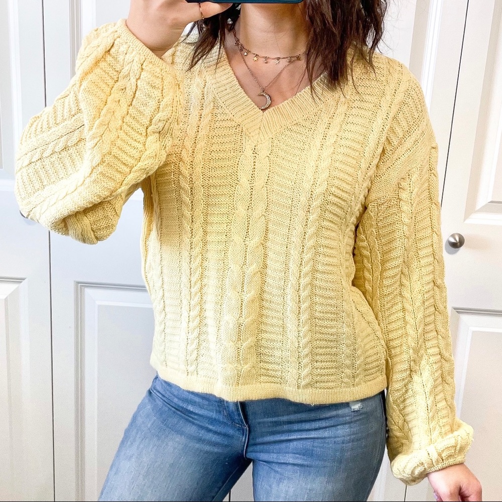 Pastel light yellow chunky cable knit v neck sweater